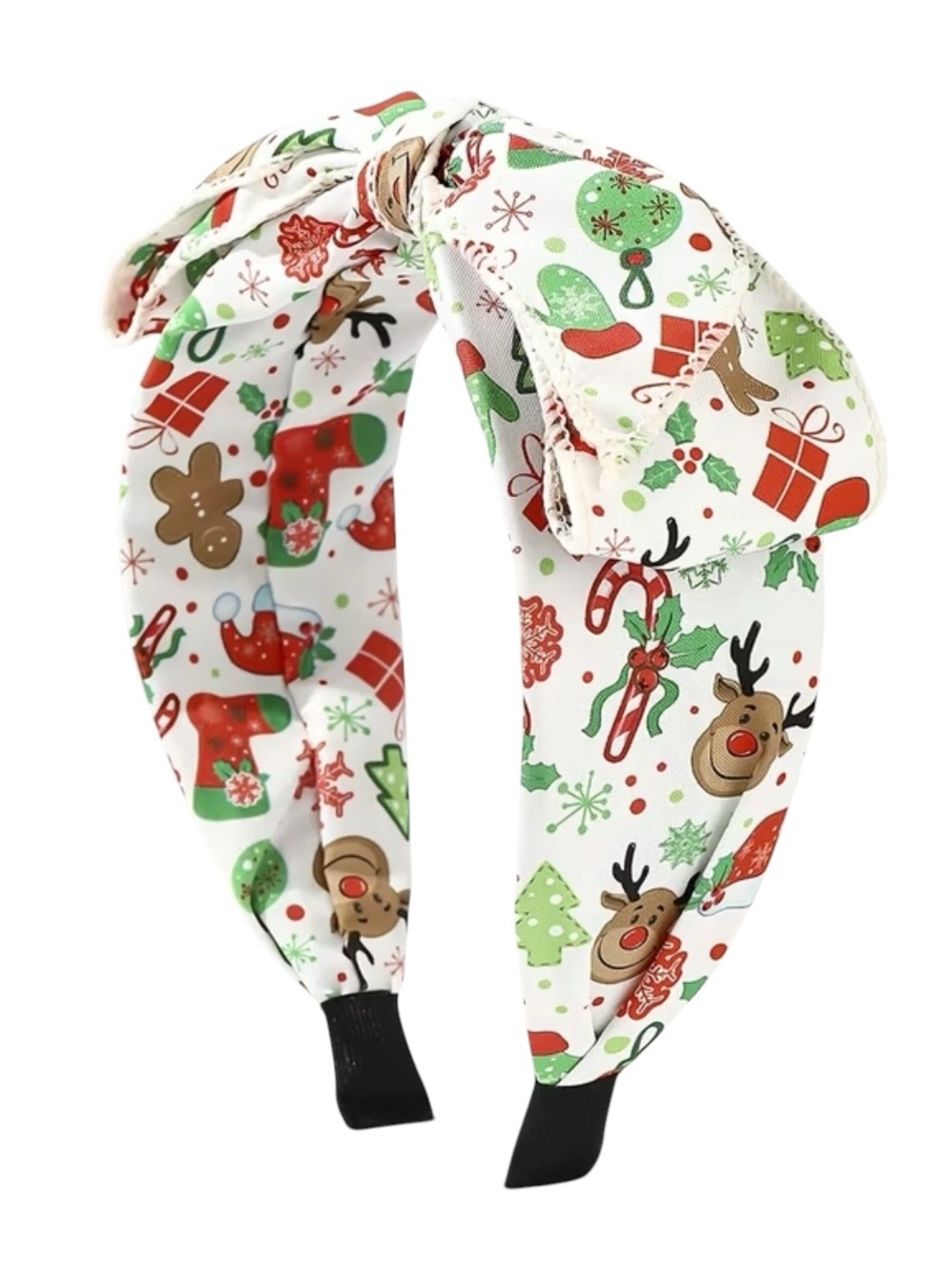 1007. Festive Christmas Reindeer & Ornaments Knot Headband - White, Red, Green